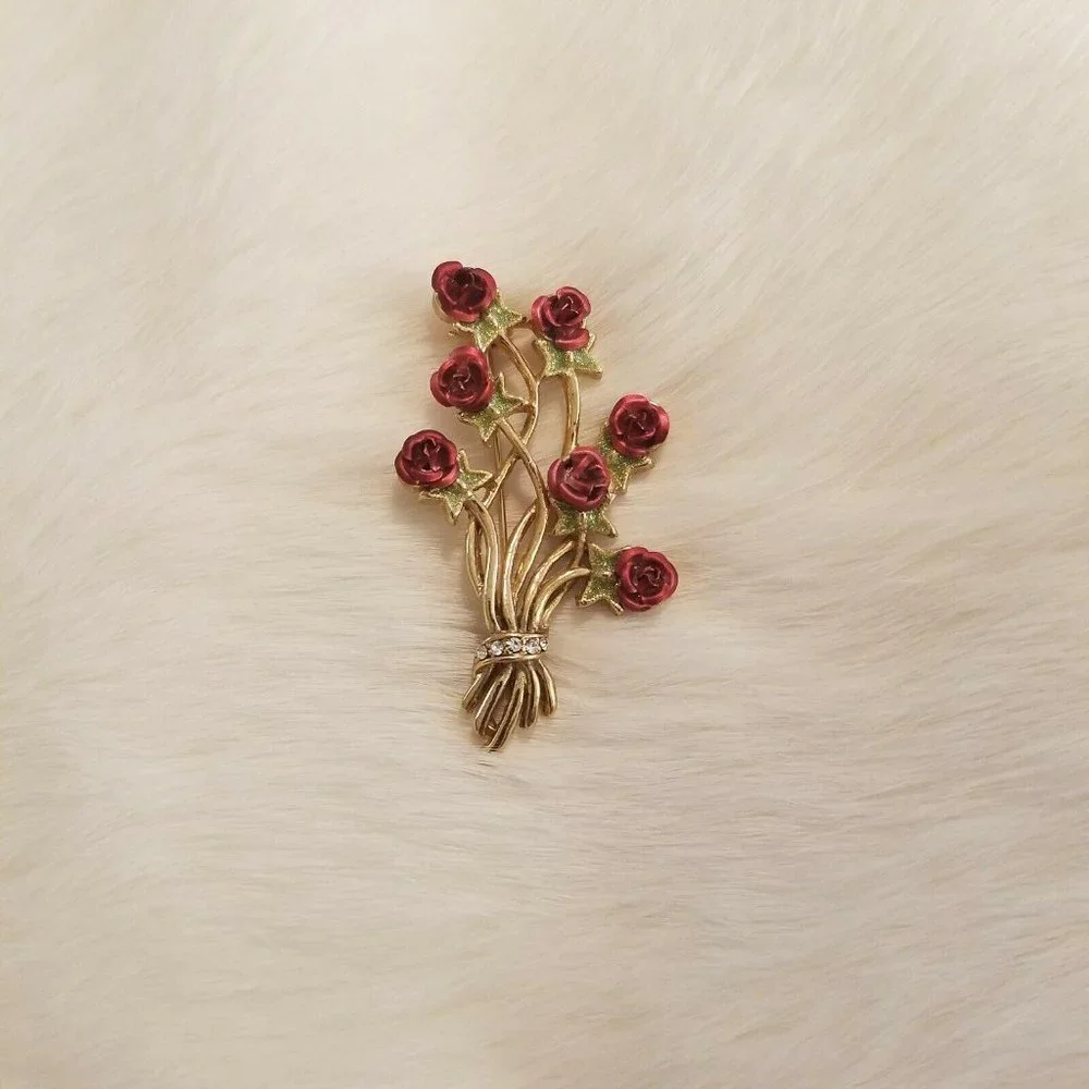 Vintage English Roses Brooch‎ Rhinestone Glitter Enamel Long Stem Floral 2509